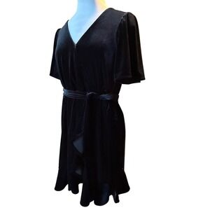 Black Velvet Flutter Sleeve Ruffle Hem Mini Dress Tie WaistSize S KDR112327-D